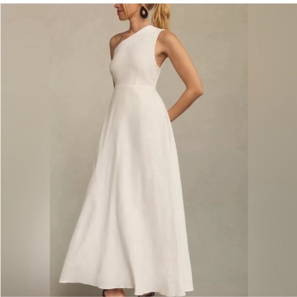 ⭐️Farm Rio Anthropologie one shoulder linen mix maxi dress white size medium NWT